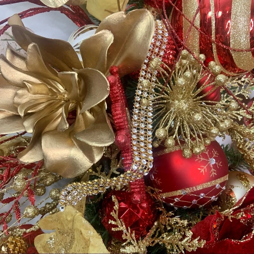 New Elegant Large Christmas Red Gold Sparkling Poinsettia Door Wall Wreath